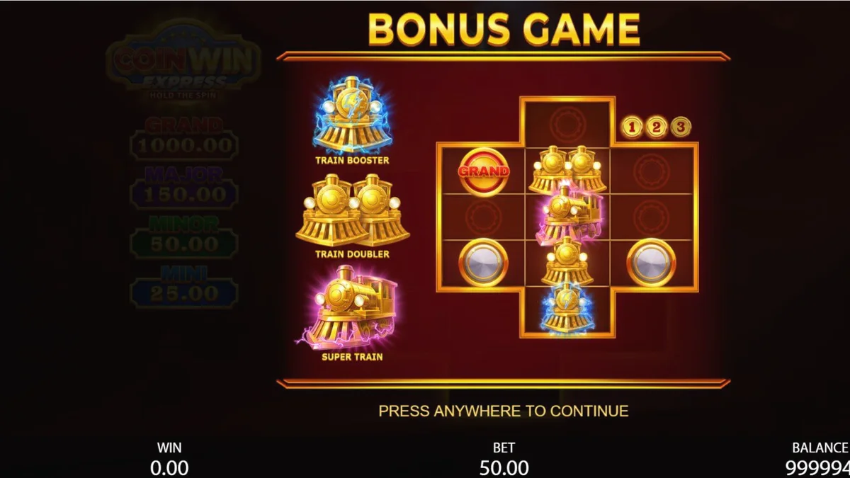 Locomotiva dourada e símbolos de frutas no slot Coin Win Express